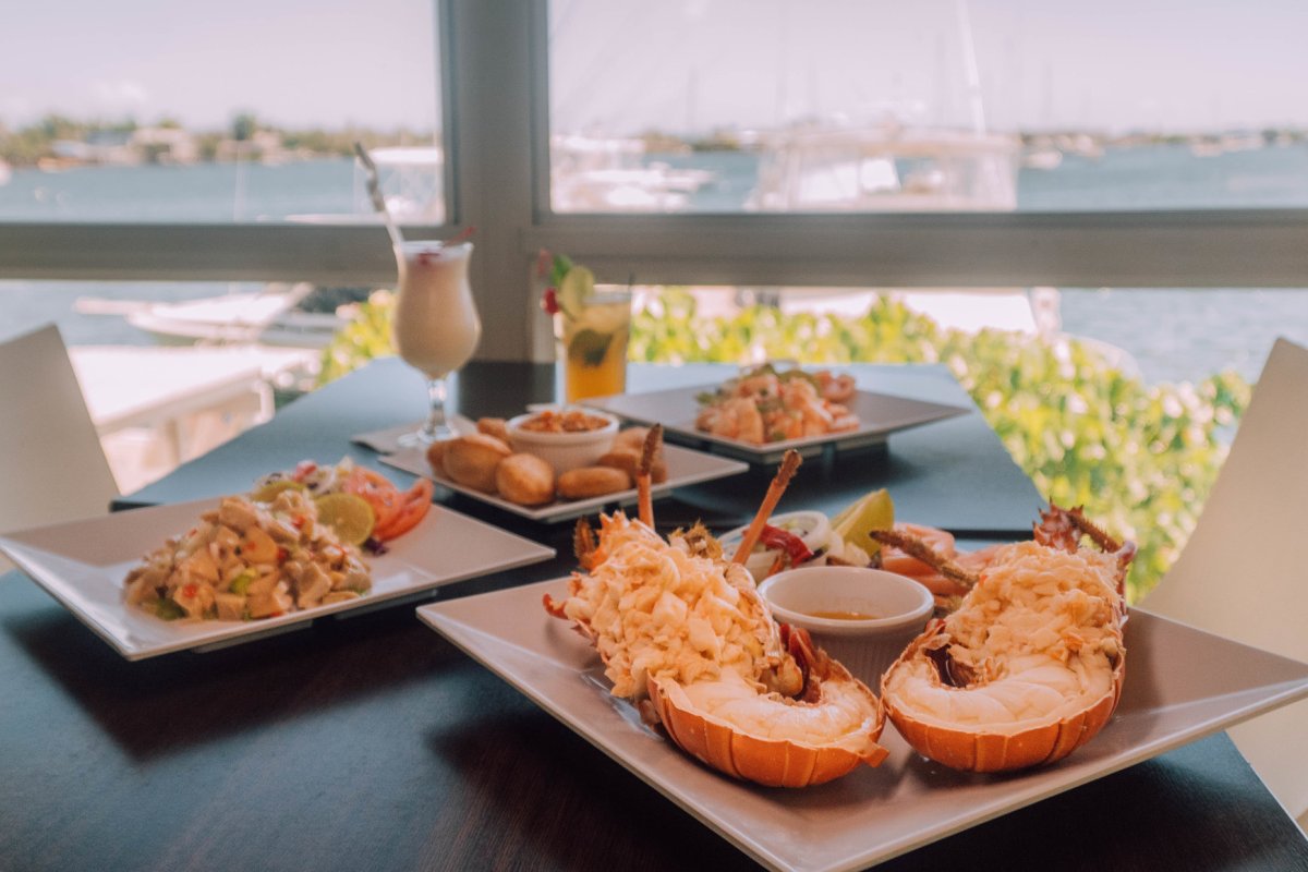 Lobster and other seafood on an outdoor table at El Dorado Restaurant in Salinas.