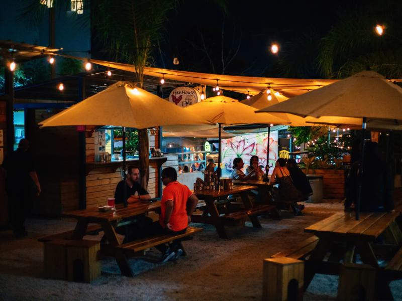 Night view of the food park Lote 23 in Santurce.