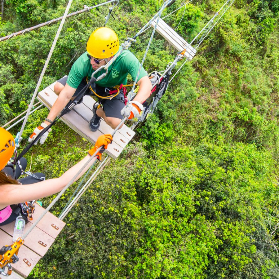 A team works together on the zipline course at Toro Verde Adventure Park.