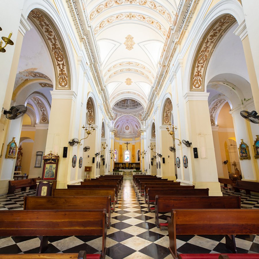 Inside viw of the San Juan Bautista Cathedral, which is is the oldest church on U.S. soil and was built in 1521.