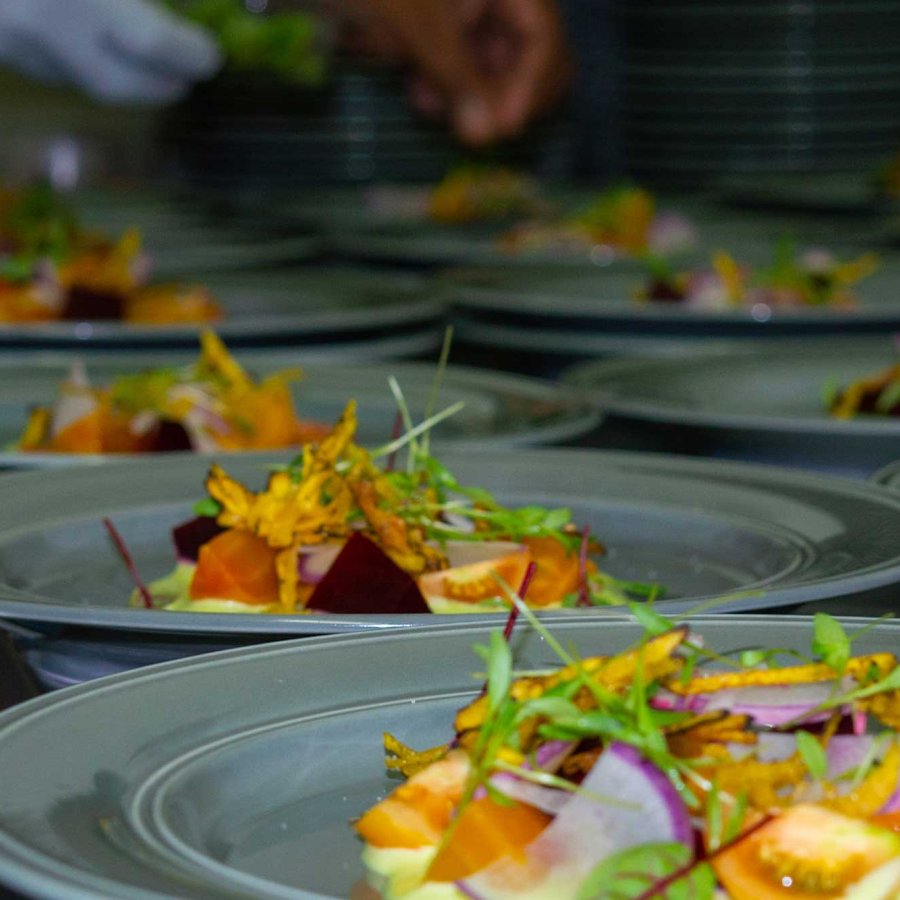 Close up of several plates of salad, with a person's hand applying seasoning