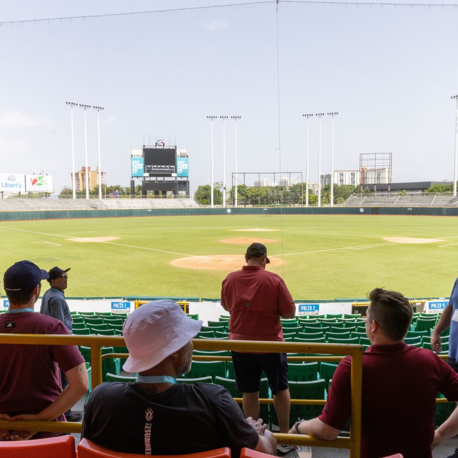 Group of people watching baseball game.